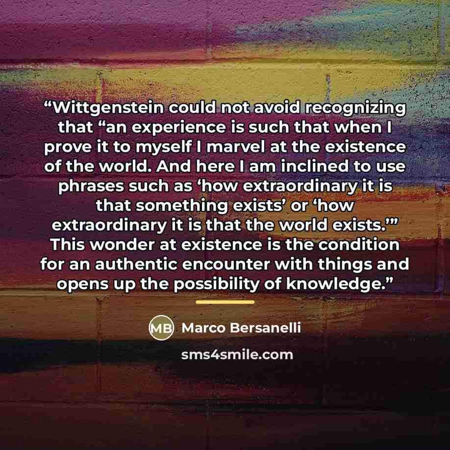 “Wittgenstein could not avoid recognizing that “an experience is such that when I prove it to myself I marvel at the existence of the world. And here I am inclined to use phrases such as ‘how extraordinary it is that something exists’ or ‘how extraordinary it is that the world exists.’” This wonder…” quote by Marco Bersanelli