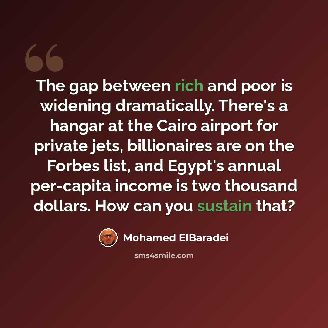 “The gap between rich and poor is widening dramatically. There's a hangar at the Cairo airport for private jets, billionaires are on the Forbes list, and Egypt's annual per-capita income is two thousand dollars. How can you sustain that?” quote by Mohamed ElBaradei