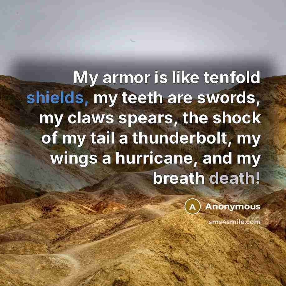 “My armor is like tenfold shields, my teeth are swords, my claws spears, the shock of my tail a thunderbolt, my wings a hurricane, and my breath death!” quote by Anonymous