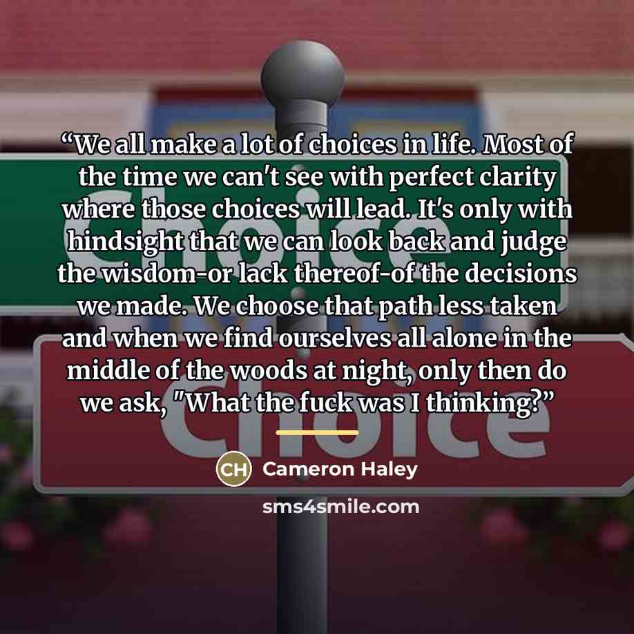 “We all make a lot of choices in life. Most of the time we can't see with perfect clarity where those choices will lead. It's only with hindsight that we can look back and judge the wisdom-or lack thereof-of the decisions we made. We choose that path less taken and when we find ourselves all alone…” quote by Cameron Haley