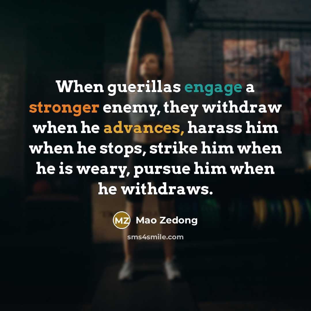 “When guerillas engage a stronger enemy, they withdraw when he advances, harass him when he stops, strike him when he is weary, pursue him when he withdraws.” quote by Mao Zedong