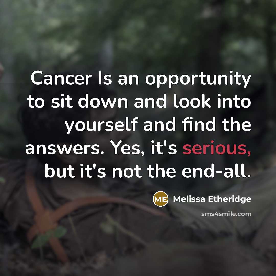 “Cancer Is an opportunity to sit down and look into yourself and find the answers. Yes, it's serious, but it's not the end-all.” quote by Melissa Etheridge