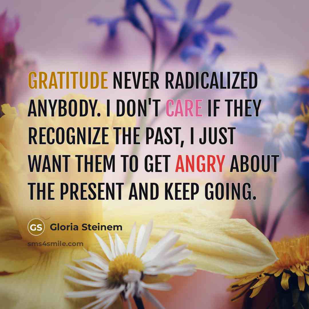 “Gratitude never radicalized anybody. I don't care if they recognize the past, I just want them to get angry about the present and keep going.” quote by Gloria Steinem