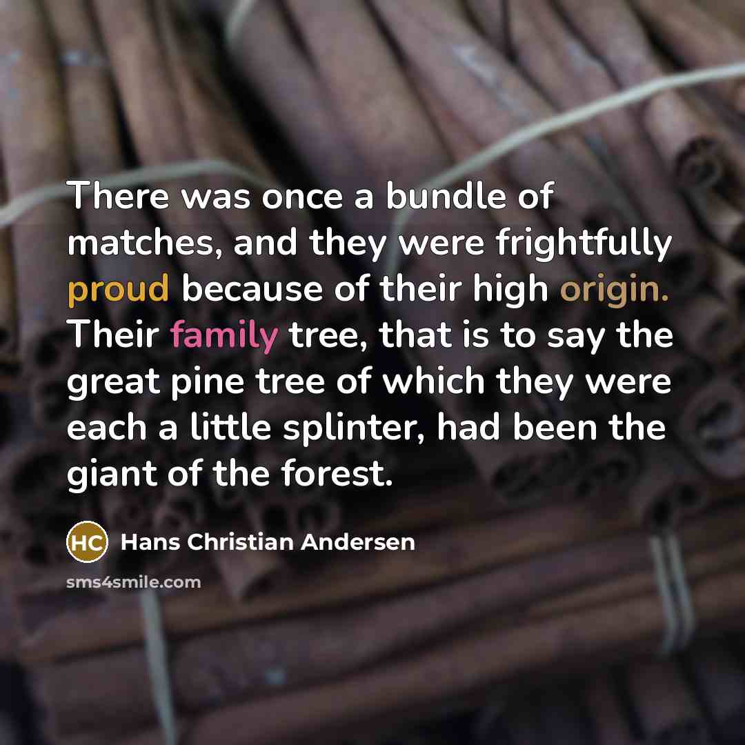 “There was once a bundle of matches, and they were frightfully proud because of their high origin. Their family tree, that is to say the great pine tree of which they were each a little splinter, had been the giant of the forest.” quote by Hans Christian Andersen