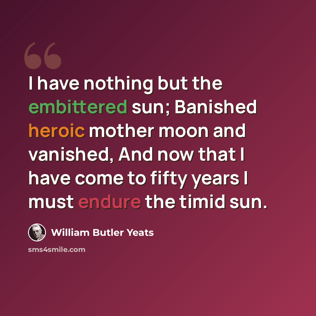 “I have nothing but the embittered sun; Banished heroic mother moon and vanished, And now that I have come to fifty years I must endure the timid sun.” quote by William Butler Yeats