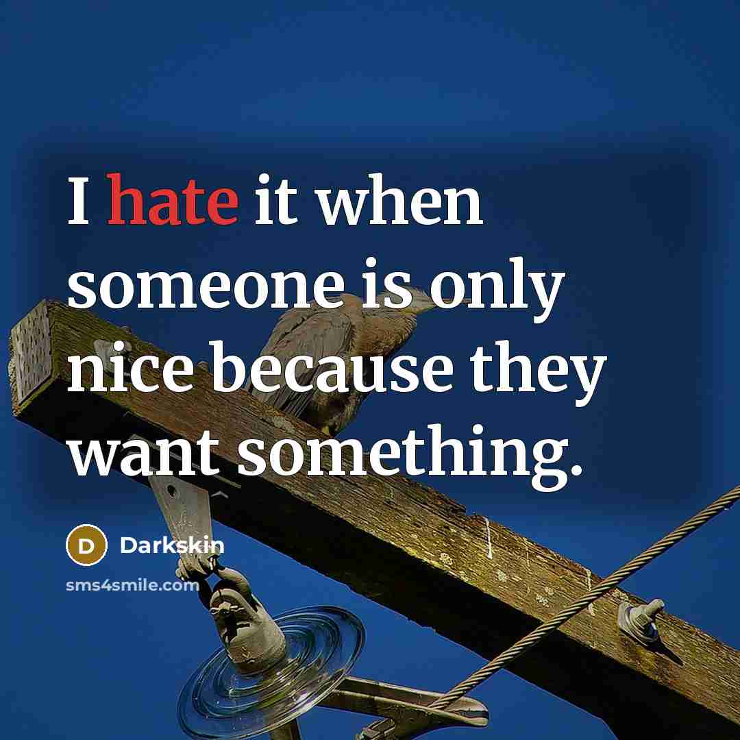“I hate it when someone is only nice because they want something.” quote by Darkskin