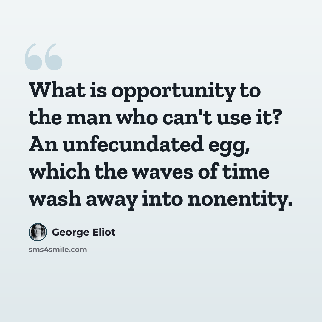 “What is opportunity to the man who can't use it? An unfecundated egg, which the waves of time wash away into nonentity.” quote by George Eliot