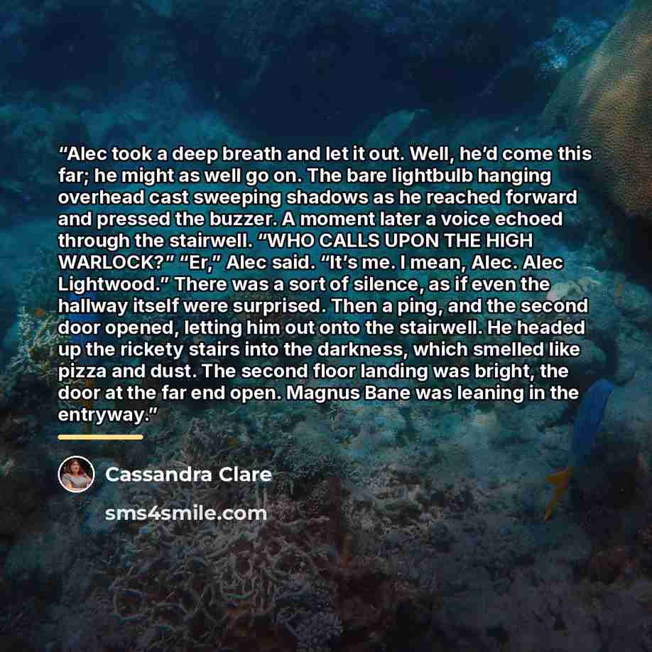 “Alec took a deep breath and let it out. Well, he’d come this far; he might as well go on. The bare lightbulb hanging overhead cast sweeping shadows as he reached forward and pressed the buzzer. A moment later a voice echoed through the stairwell. “WHO CALLS UPON THE HIGH WARLOCK?” “Er,” Alec said…” quote by Cassandra Clare