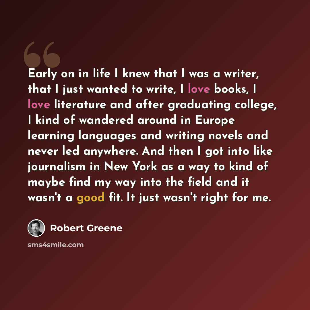 “Early on in life I knew that I was a writer, that I just wanted to write, I love books, I love literature and after graduating college, I kind of wandered around in Europe learning languages and writing novels and never led anywhere. And then I got into like journalism in New York as a way to kind…” quote by Robert Greene