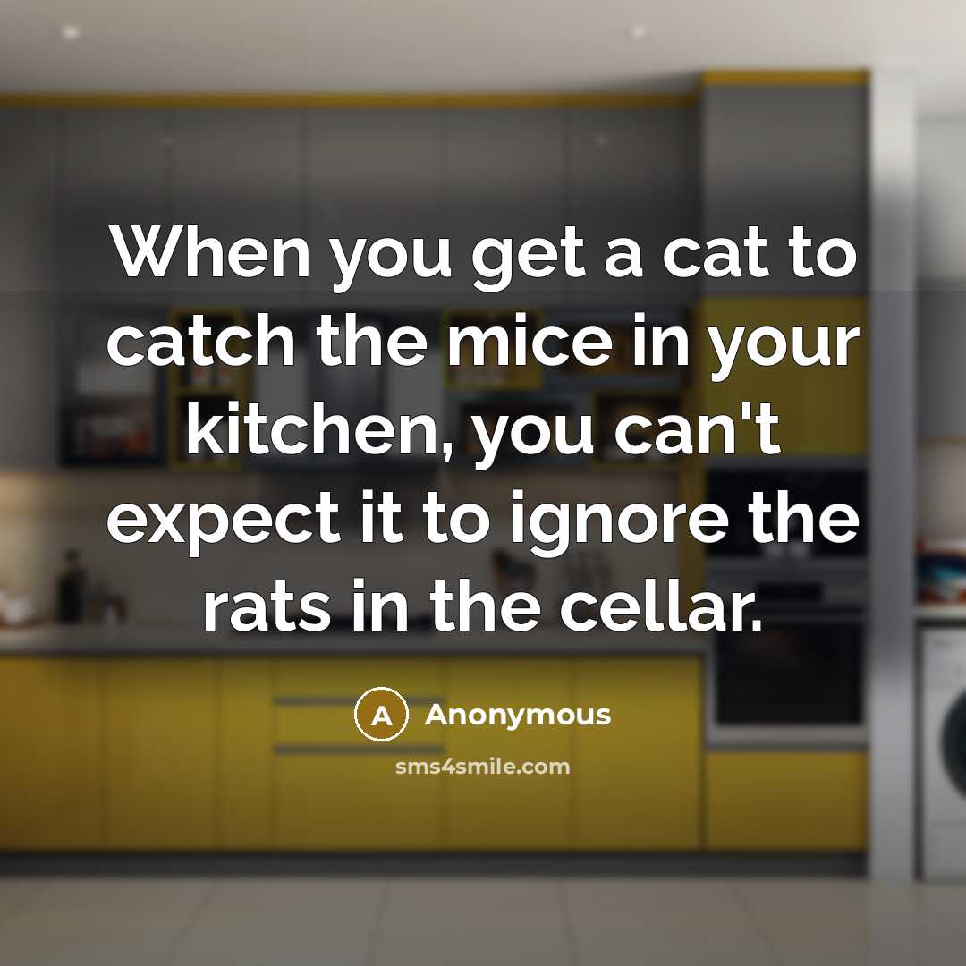 “When you get a cat to catch the mice in your kitchen, you can't expect it to ignore the rats in the cellar.” quote by Anonymous
