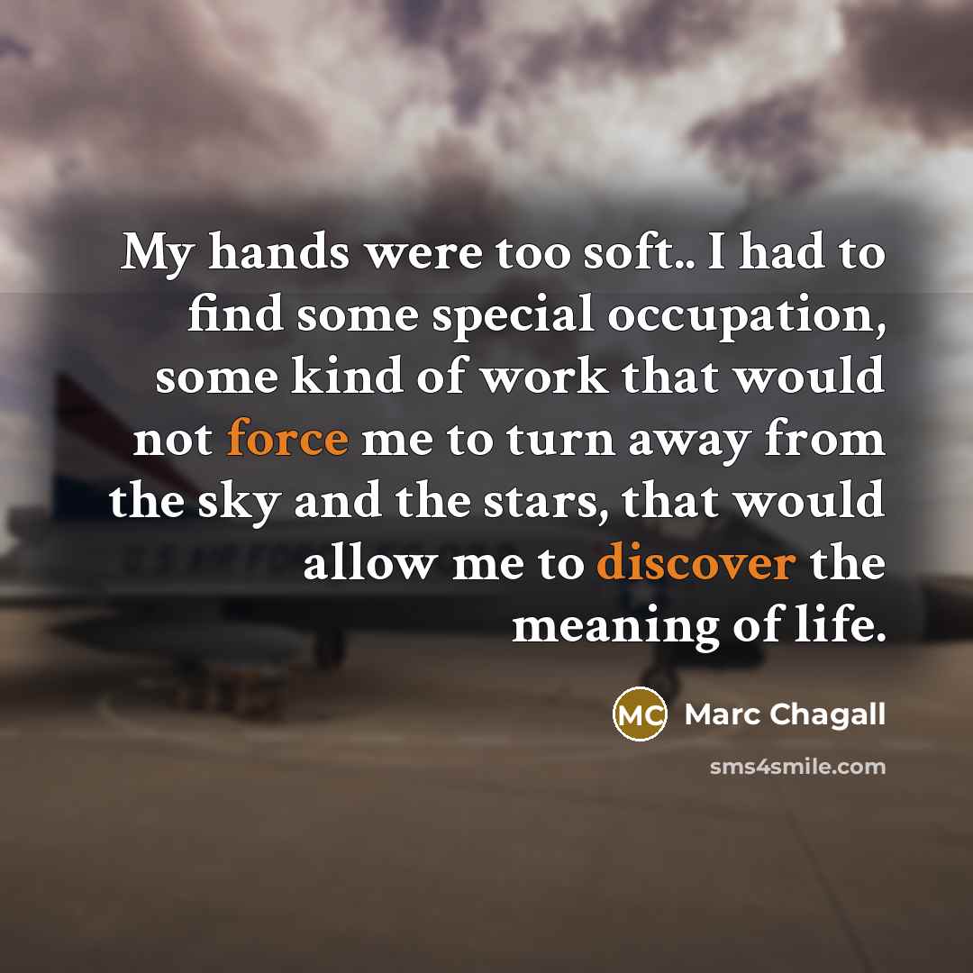 “My hands were too soft.. I had to find some special occupation, some kind of work that would not force me to turn away from the sky and the stars, that would allow me to discover the meaning of life.” quote by Marc Chagall