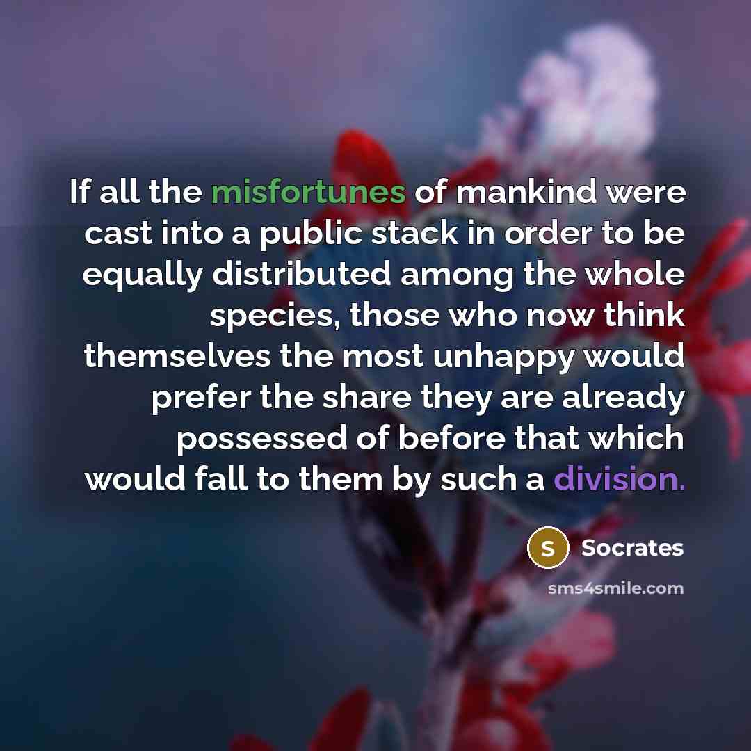 “If all the misfortunes of mankind were cast into a public stack in order to be equally distributed among the whole species, those who now think themselves the most unhappy would prefer the share they are already possessed of before that which would fall to them by such a division.” quote by Socrates