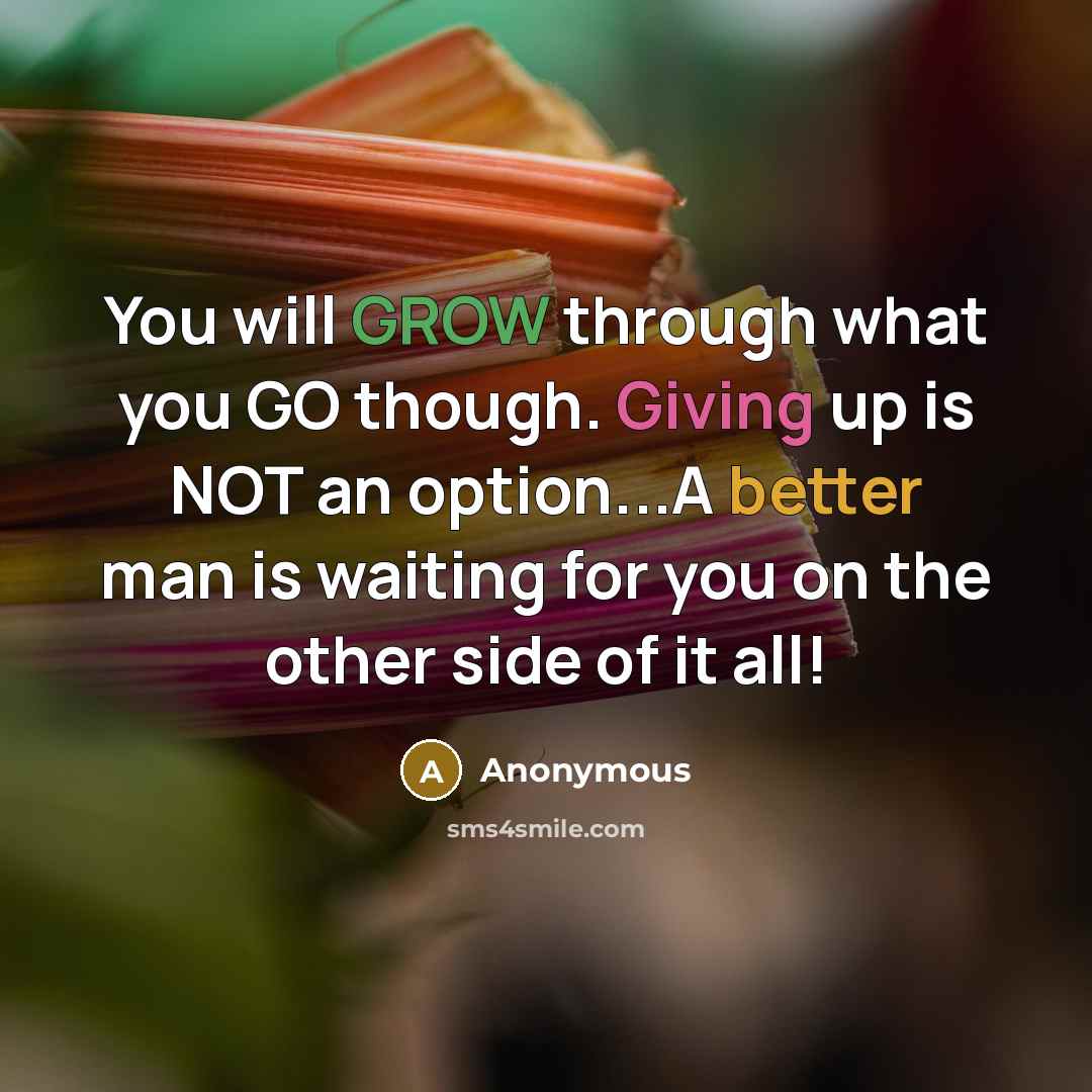 “You will GROW through what you GO though. Giving up is NOT an option...A better man is waiting for you on the other side of it all!” quote by Anonymous