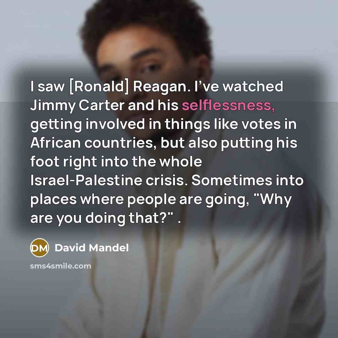 “I saw [Ronald] Reagan. I've watched Jimmy Carter and his selflessness, getting involved in things like votes in African countries, but also putting his foot right into the whole Israel-Palestine crisis. Sometimes into places where people are going, "Why are you doing that?" .” quote by David Mandel