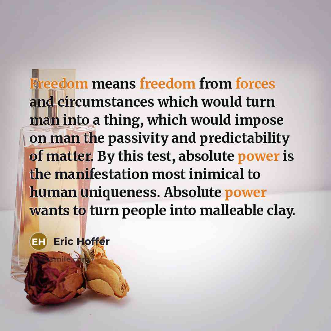 “Freedom means freedom from forces and circumstances which would turn man into a thing, which would impose on man the passivity and predictability of matter. By this test, absolute power is the manifestation most inimical to human uniqueness. Absolute power wants to turn people into malleable clay.” quote by Eric Hoffer