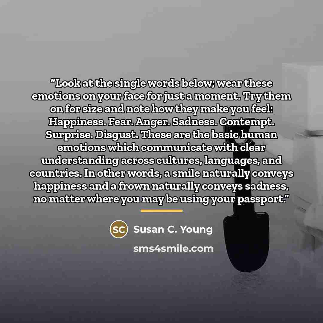 “Look at the single words below; wear these emotions on your face for just a moment. Try them on for size and note how they make you feel: Happiness. Fear. Anger. Sadness. Contempt. Surprise. Disgust. These are the basic human emotions which communicate with clear understanding across cultures…” quote by Susan C. Young