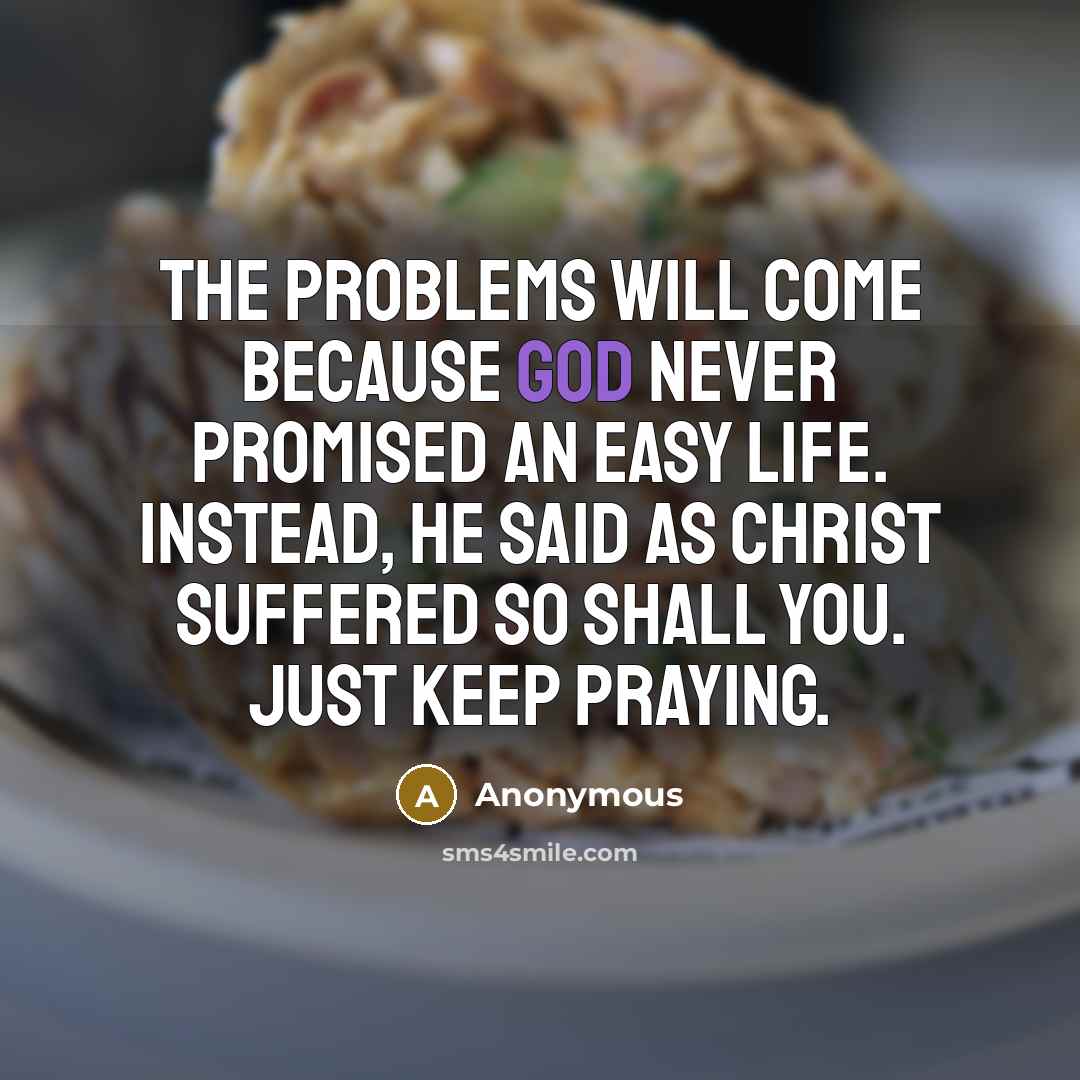 “The problems will come because God never promised an easy Life. Instead, He said as Christ suffered so shall you. Just keep Praying.” quote by Anonymous