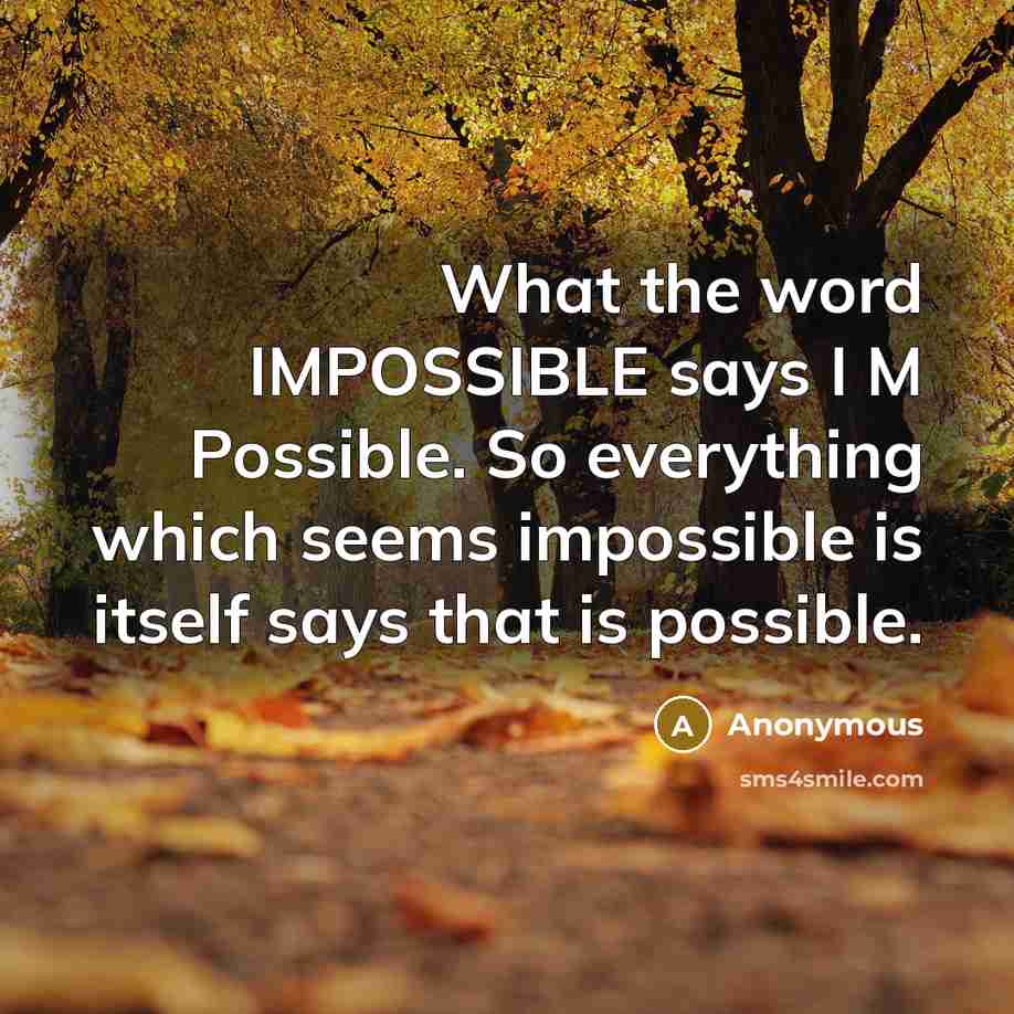 “What the word IMPOSSIBLE says I M Possible. So everything which seems impossible is itself says that is possible.” quote by Anonymous