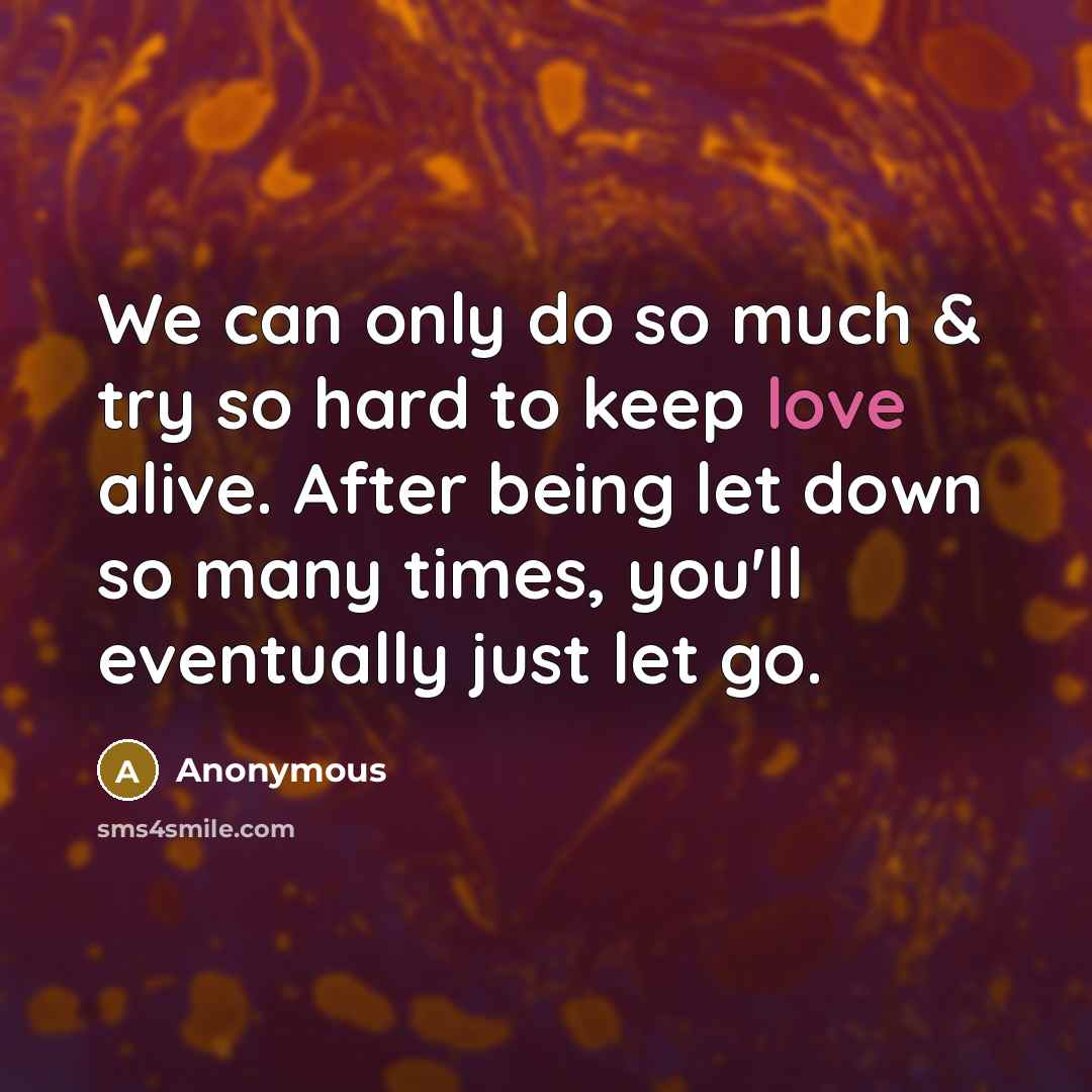 “We can only do so much & try so hard to keep love alive. After being let down so many times, you'll eventually just let go.” quote by Anonymous