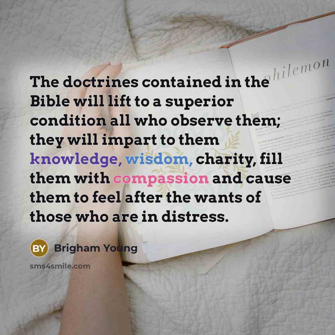 “The doctrines contained in the Bible will lift to a superior condition all who observe them; they will impart to them knowledge, wisdom, charity, fill them with compassion and cause them to feel after the wants of those who are in distress.” quote by Brigham Young
