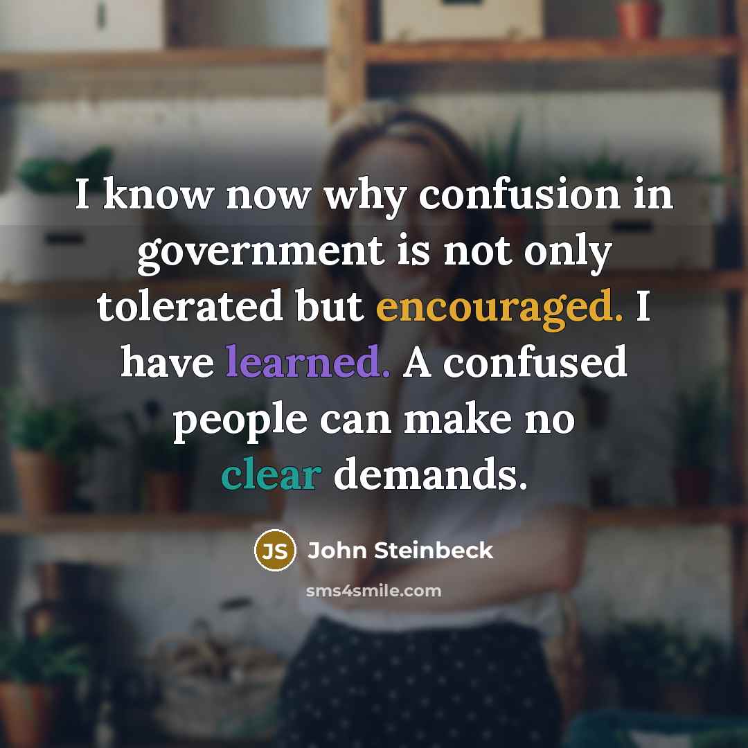 “I know now why confusion in government is not only tolerated but encouraged. I have learned. A confused people can make no clear demands.” quote by John Steinbeck