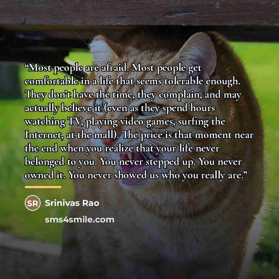 “Most people are afraid. Most people get comfortable in a life that seems tolerable enough. They don’t have the time, they complain, and may actually believe it (even as they spend hours watching TV, playing video games, surfing the Internet, at the mall). The price is that moment near the end when…” quote by Srinivas Rao
