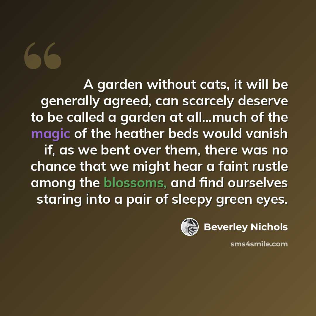 “A garden without cats, it will be generally agreed, can scarcely deserve to be called a garden at all...much of the magic of the heather beds would vanish if, as we bent over them, there was no chance that we might hear a faint rustle among the blossoms, and find ourselves staring into a pair of…” quote by Beverley Nichols