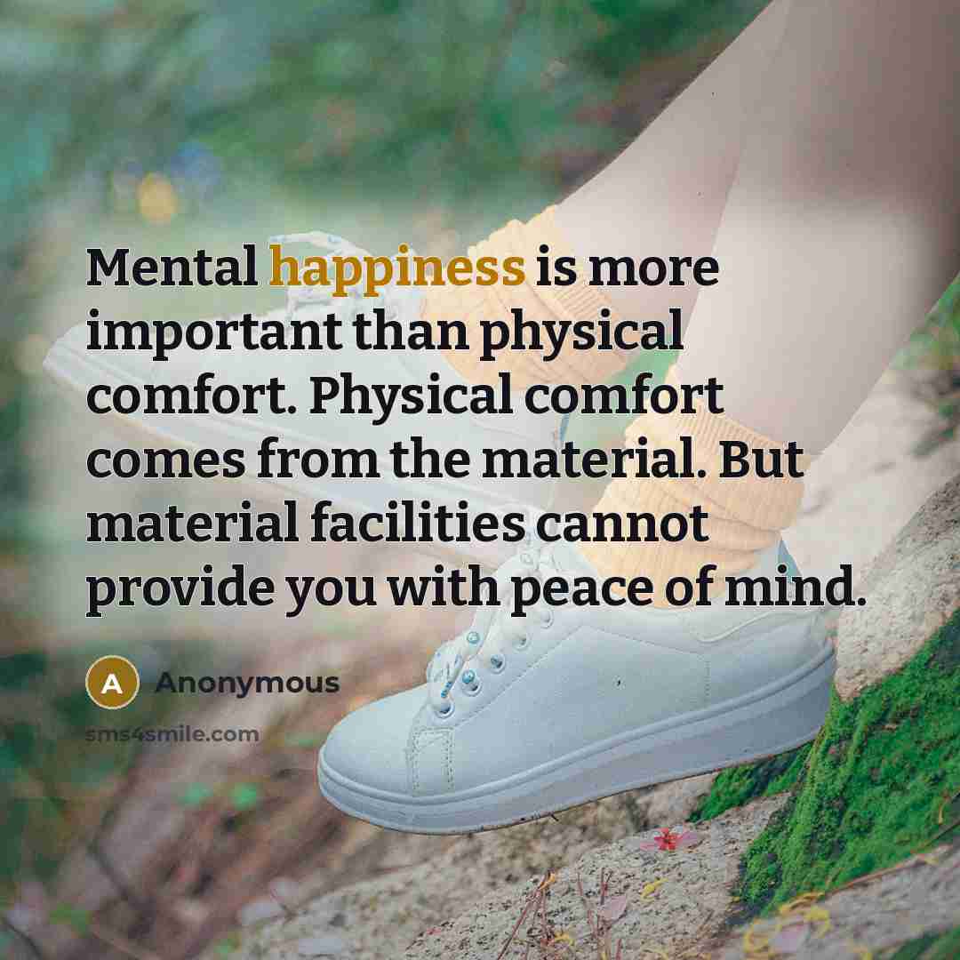 “Mental happiness is more important than physical comfort. Physical comfort comes from the material. But material facilities cannot provide you with peace of mind.” quote by Anonymous