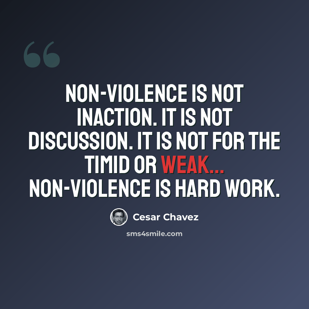 “Non-violence is not inaction. It is not discussion. It is not for the timid or weak... Non-violence is hard work.” quote by Cesar Chavez