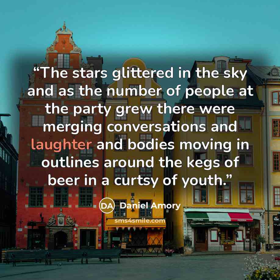 “The stars glittered in the sky and as the number of people at the party grew there were merging conversations and laughter and bodies moving in outlines around the kegs of beer in a curtsy of youth.” quote by Daniel Amory