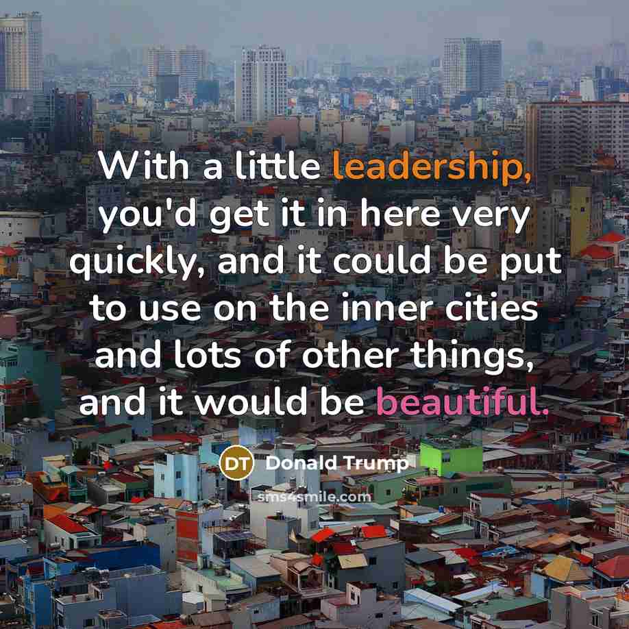 “With a little leadership, you'd get it in here very quickly, and it could be put to use on the inner cities and lots of other things, and it would be beautiful.” quote by Donald Trump