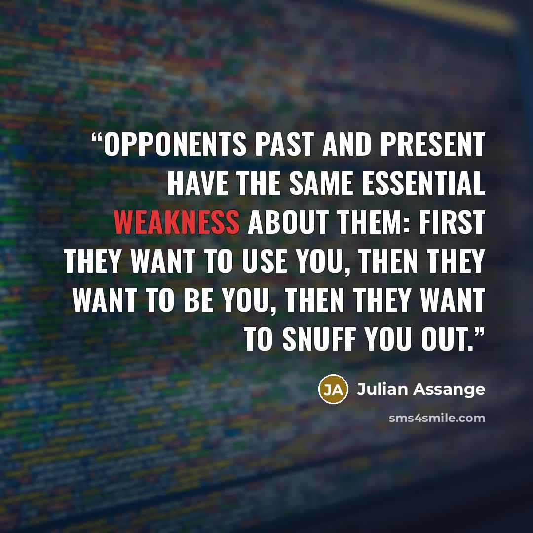 “Opponents past and present have the same essential weakness about them: first they want to use you, then they want to be you, then they want to snuff you out.” quote by Julian Assange