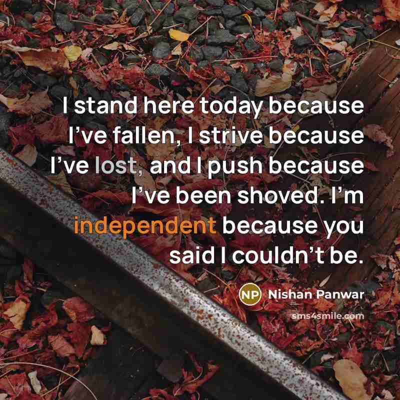 “I stand here today because I've fallen, I strive because I've lost, and I push because I've been shoved. I'm independent because you said I couldn't be.” quote by Nishan Panwar