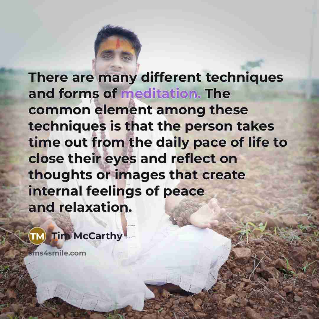 “There are many different techniques and forms of meditation. The common element among these techniques is that the person takes time out from the daily pace of life to close their eyes and reflect on thoughts or images that create internal feelings of peace and relaxation.” quote by Tim McCarthy