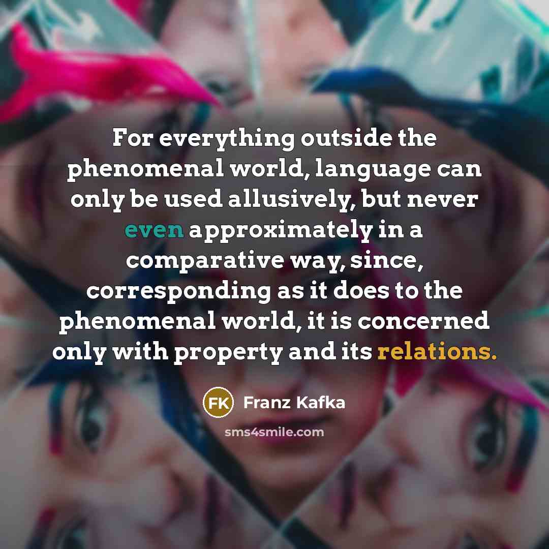 “For everything outside the phenomenal world, language can only be used allusively, but never even approximately in a comparative way, since, corresponding as it does to the phenomenal world, it is concerned only with property and its relations.” quote by Franz Kafka