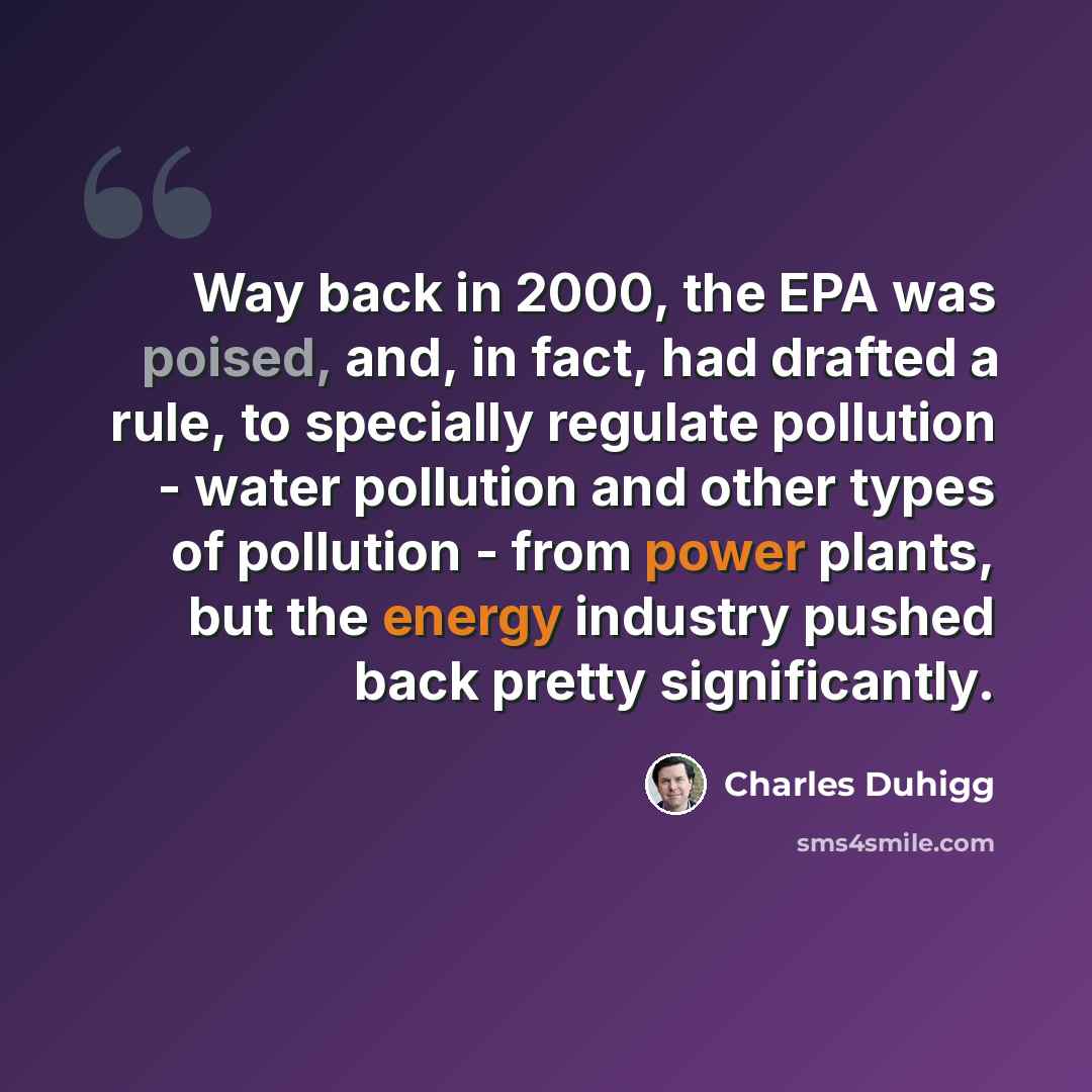 “Way back in 2000, the EPA was poised, and, in fact, had drafted a rule, to specially regulate pollution - water pollution and other types of pollution - from power plants, but the energy industry pushed back pretty significantly.” quote by Charles Duhigg