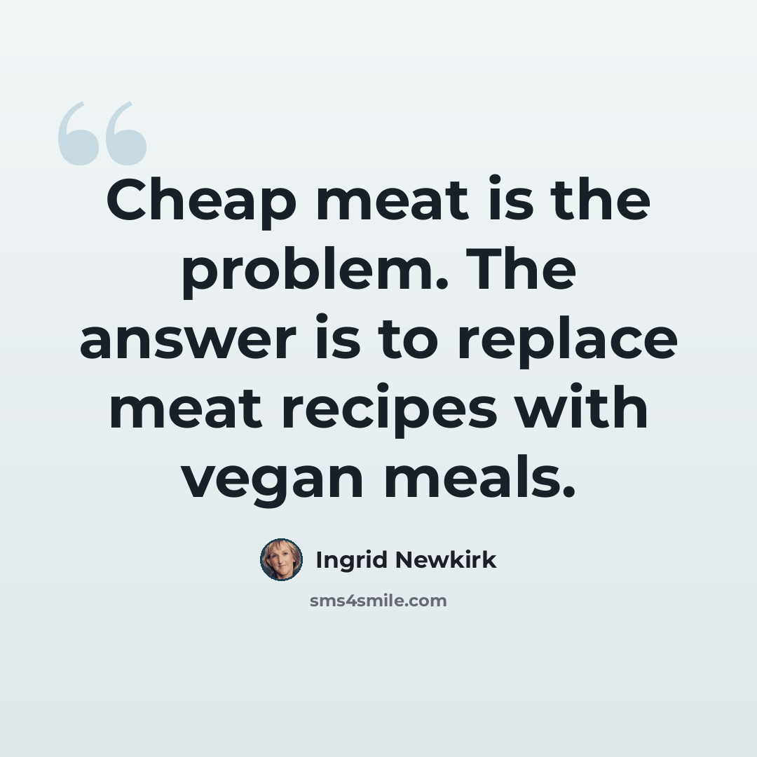 “Cheap meat is the problem. The answer is to replace meat recipes with vegan meals.” quote by Ingrid Newkirk