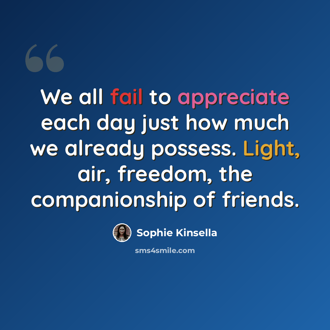 “We all fail to appreciate each day just how much we already possess. Light, air, freedom, the companionship of friends.” quote by Sophie Kinsella