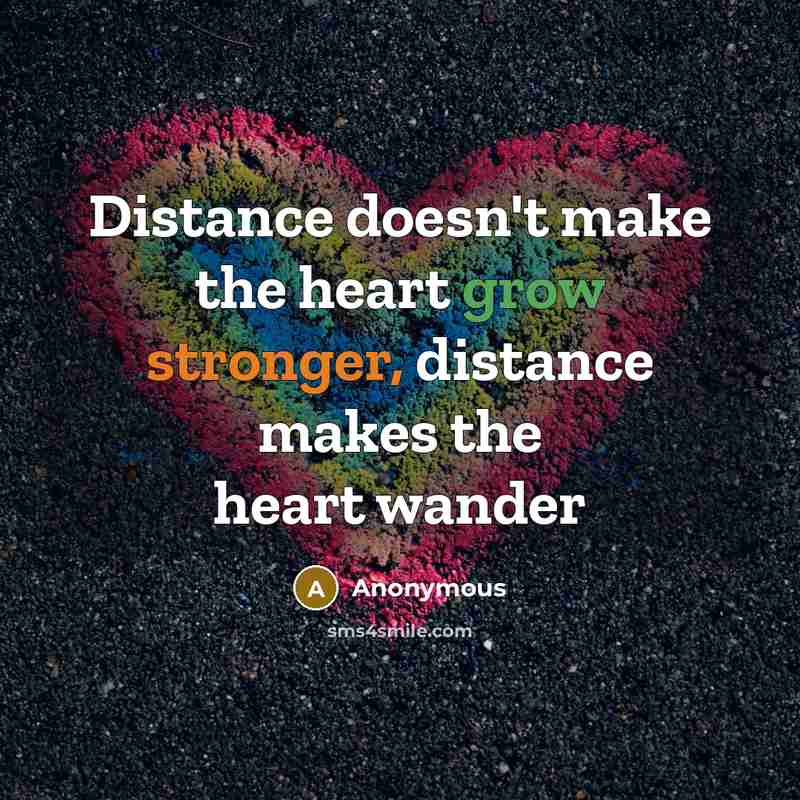 “Distance doesn't make the heart grow stronger, distance makes the heart wander” quote by Anonymous