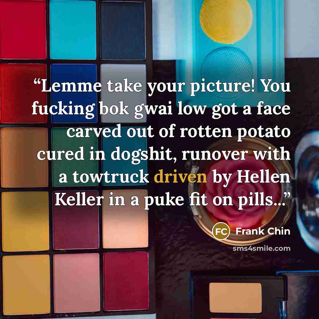 “Lemme take your picture! You fucking bok gwai low got a face carved out of rotten potato cured in dogshit, runover with a towtruck driven by Hellen Keller in a puke fit on pills...” quote by Frank Chin