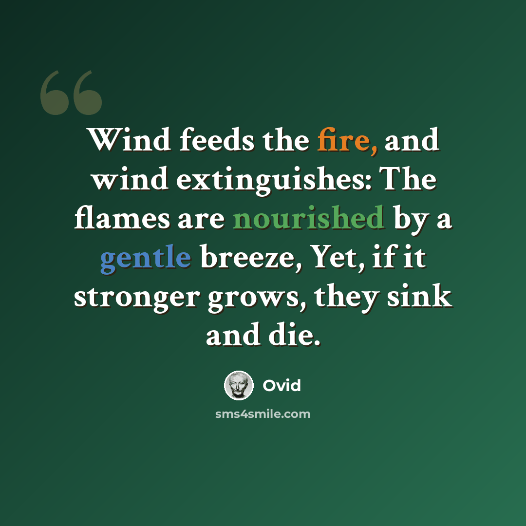 “Wind feeds the fire, and wind extinguishes: The flames are nourished by a gentle breeze, Yet, if it stronger grows, they sink and die.” quote by Ovid