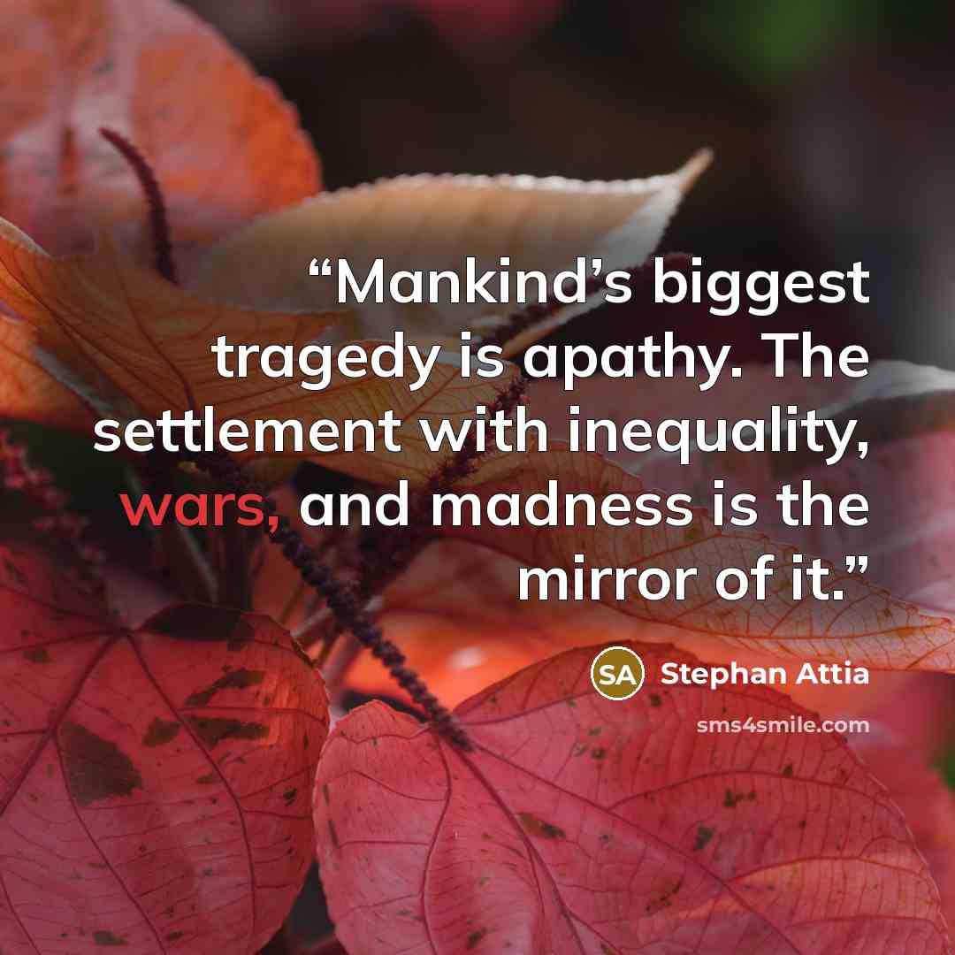 “Mankind’s biggest tragedy is apathy. The settlement with inequality, wars, and madness is the mirror of it.” quote by Stephan Attia