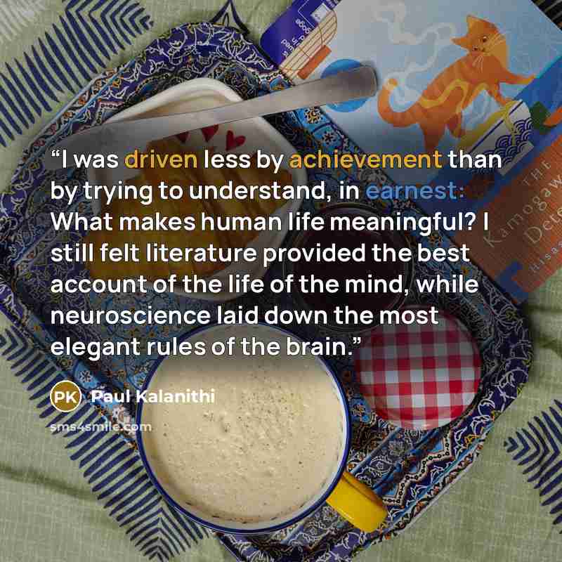 “I was driven less by achievement than by trying to understand, in earnest: What makes human life meaningful? I still felt literature provided the best account of the life of the mind, while neuroscience laid down the most elegant rules of the brain.” quote by Paul Kalanithi