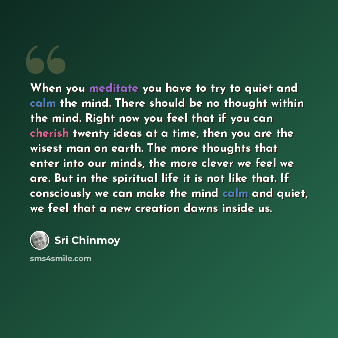 “When you meditate you have to try to quiet and calm the mind. There should be no thought within the mind. Right now you feel that if you can cherish twenty ideas at a time, then you are the wisest man on earth. The more thoughts that enter into our minds, the more clever we feel we are. But in the…” quote by Sri Chinmoy