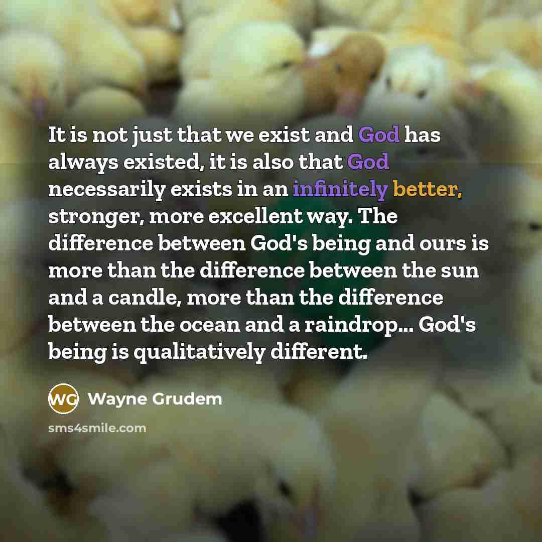 “It is not just that we exist and God has always existed, it is also that God necessarily exists in an infinitely better, stronger, more excellent way. The difference between God's being and ours is more than the difference between the sun and a candle, more than the difference between the ocean…” quote by Wayne Grudem