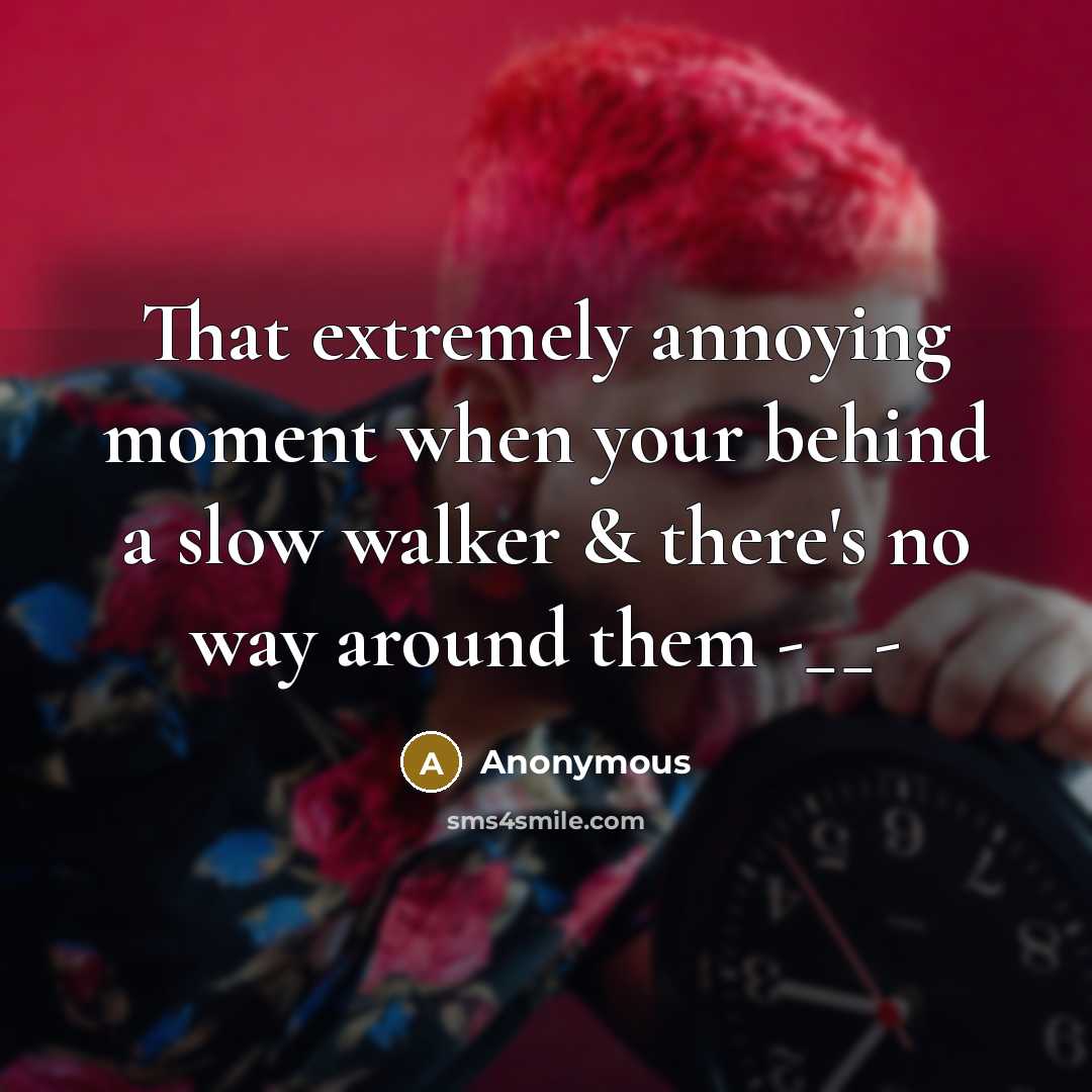 “That extremely annoying moment when your behind a slow walker & there's no way around them -__-” quote by Anonymous