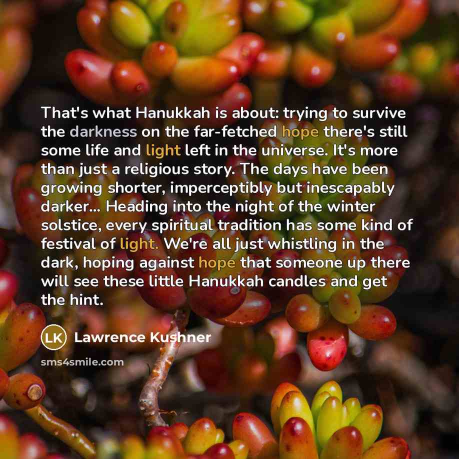 “That's what Hanukkah is about: trying to survive the darkness on the far-fetched hope there's still some life and light left in the universe. It's more than just a religious story. The days have been growing shorter, imperceptibly but inescapably darker… Heading into the night of the winter…” quote by Lawrence Kushner