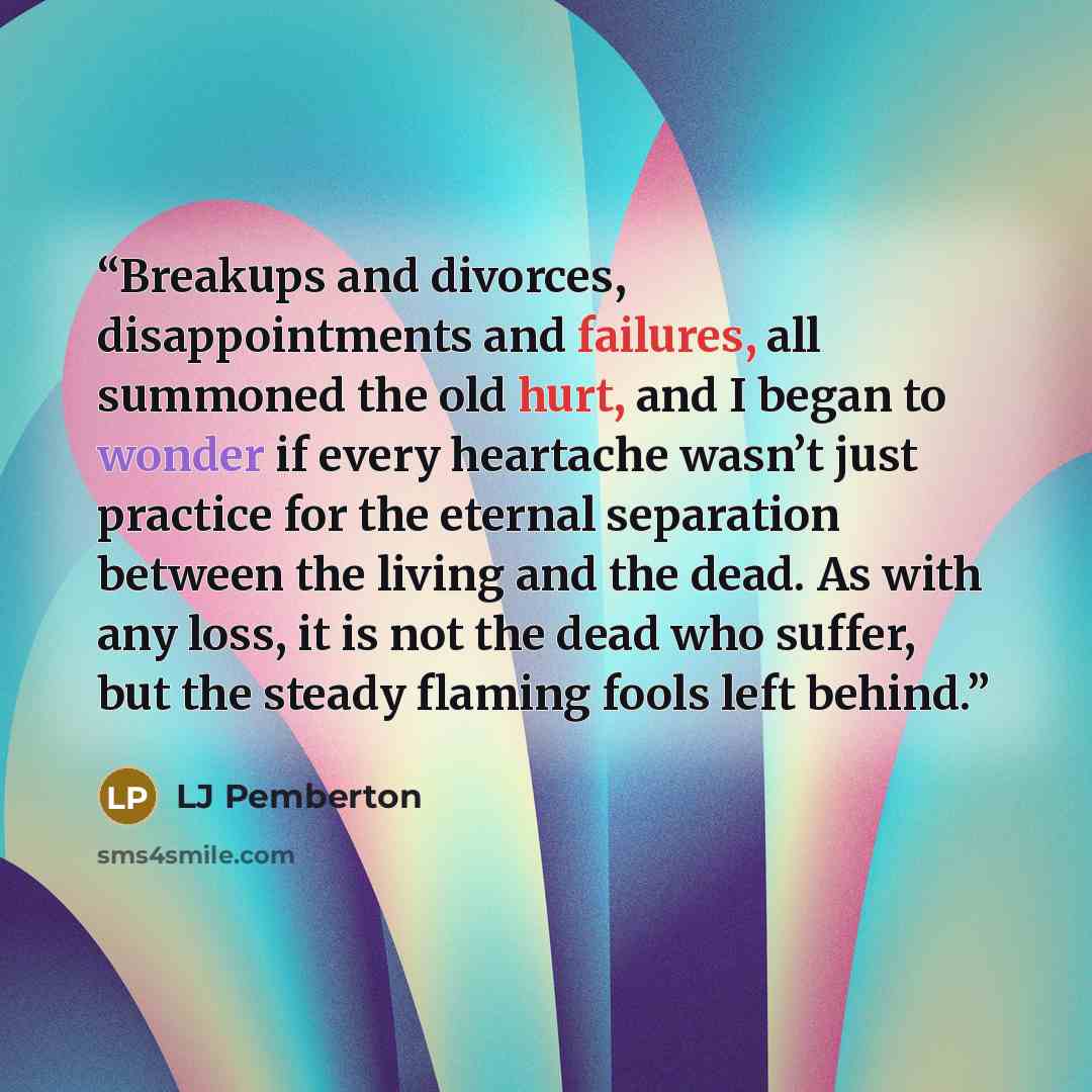 “Breakups and divorces, disappointments and failures, all summoned the old hurt, and I began to wonder if every heartache wasn’t just practice for the eternal separation between the living and the dead. As with any loss, it is not the dead who suffer, but the steady flaming fools left behind.” quote by LJ Pemberton