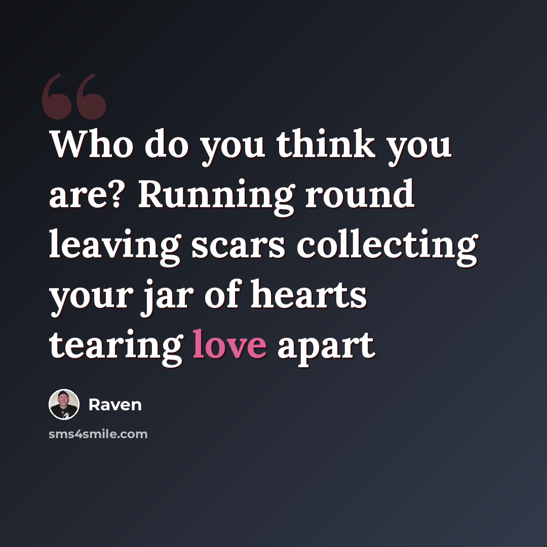 “Who do you think you are? Running round leaving scars collecting your jar of hearts tearing love apart” quote by Raven
