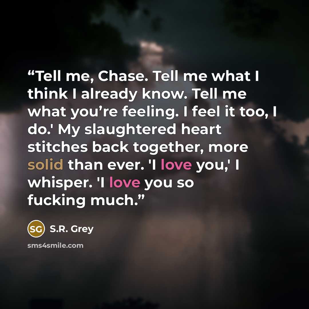 “Tell me, Chase. Tell me what I think I already know. Tell me what you’re feeling. I feel it too, I do.' My slaughtered heart stitches back together, more solid than ever. 'I love you,' I whisper. 'I love you so fucking much.” quote by S.R. Grey